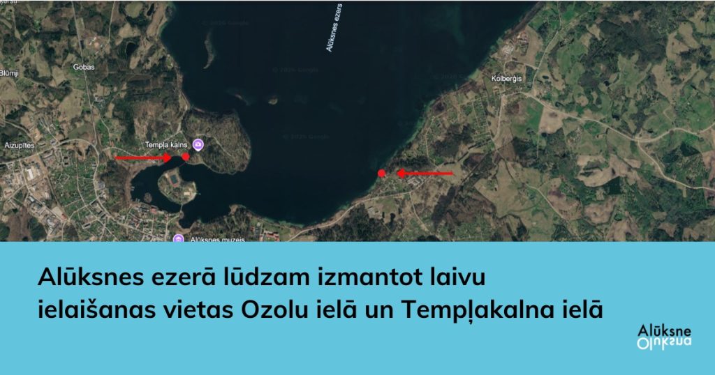 Satellīta karte ar Alūksnes ezeru, kurā ar sarkanām bultām norādītas divas laivu ielaišanas vietas netālu no "Templa kalns" un ezera austrumu krastā. 