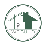 Uzņēmuma WE BUILD logotips ar māju un cilvēku