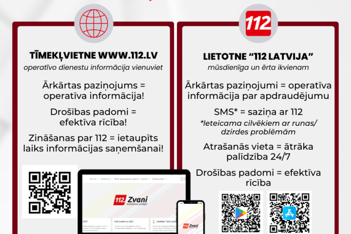 Valsts ugunsdzēsības un glābšanas dienests, sadarbībā ar Iekšlietu ministrijas Informācijas centru, ir izstrādājis jaunu lietotni “112 Latvija” un tīmekļvietni www.112.lv. Informē, saņem un uzzini – ar jauno lietotni “112 Latvija”! Aicinām ikvienu pašvaldību un tās iestāžu nodarbināto, kuram ir viedtālrunis, lejupielādēt un izmantot jauno bezmaksas lietotni “112 Latvija”, kas lietotājam sniedz vairākas priekšrocības: • Lietotnes “112 Latvija” lietotājs saņems paziņojumu sava viedtālruņa ekrānā par iespējamo apdraudējumu, piemēram, sarkanā vai oranžā līmeņa brīdinājumus par bīstamiem laikapstākļiem, trauksmes sirēnu pārbaudi un citiem notikumiem, kas liek iedzīvotājiem būt gataviem nepieciešamības gadījumā rīkoties vai prasa iedzīvotāju nekavējošu rīcību. • Zvanot uz vienoto ārkārtas palīdzības izsaukumu tālruņa numuru 112 no lietotnes “112 Latvija”, dispečeri redzēs aptuveno zvanītāja atrašanās vietu. Tas dos iespēju operatīvāk sniegt palīdzību tiem iedzīvotājiem, kuri nevar nosaukt precīzu negadījuma adresi. Lai dispečers redzētu cilvēka atrašanās vietu, instalācijas brīdī vai vēlāk nepieciešams atļaut lietotnei piekļūt telefona atrašanās vietai. • Īsziņas nosūtīšana uz tālruņa numuru 112 veicina ārkārtas palīdzības pieejamību cilvēkiem ar runas un dzirdes traucējumiem. Aicinām ņemt vērā, ka īsziņu sūtīšana nav ikdienas risinājums ātrai saziņai ar operatīvajiem dienestiem. • Lietotne “112 Latvija” sniedz arī iespēju viegli un ērti iepazīties ar padomiem, kā rīkoties dažādos apdraudējumos un uzzināt operatīvo dienestu aktualitātes. Lejupielādēt lietotni "112 Latvija" iespējams Google Play un AppStore. Tā piemērota lietošanai viedtālruņos ar iOS un Android operētājsistēmu. Lietotne ir bezmaksas, bet atbilstoši izvēlētajam mobilo sakaru pieslēguma tarifam, var tikt piestādīta maksa par interneta izmantošanu. Jaunā tīmekļvietne www.112.lv - visu operatīvo dienestu drošības padomi, ieteikumi rīcībai apdraudējumos un aktualitātes vienuviet. Lai uzlabotu iedzīvotāju zināšanas par vienoto ārkārtas palīdzības izsaukumu tālruņa numuru 112 un rīcību dažādos apdraudējumos, kā arī veidotu izpratni par tiem gadījumiem, kad nepieciešams zvanīt uz tālruņa numuru 112, bet kad palīdzību sniegs citas iestādes vai komersanti, darbību uzsāk tīmekļvietne www.112.lv. Tajā vienuviet apkopoti Latvijas operatīvo dienestu sniegtie drošības padomi pareizai rīcībai dažādos apdraudējumos. Līdzās tam tīmekļvietnē tiks operatīvi izvietoti brīdinājumi par iespējamo apdraudējumu un nepieciešamo rīcību.
