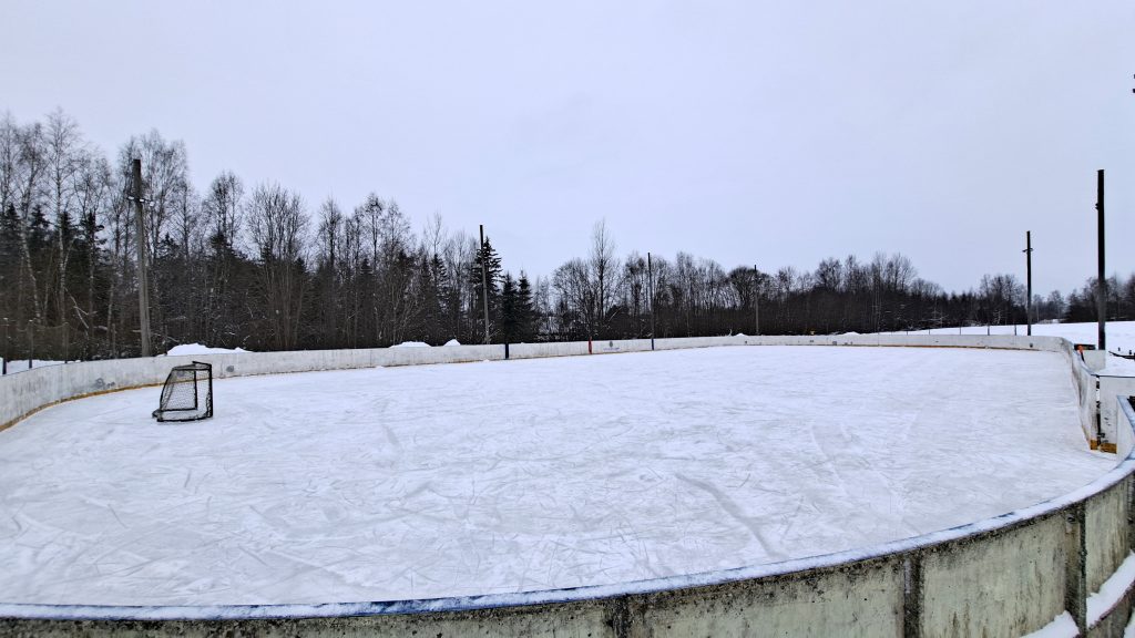 Plašs āra ledus laukums ar saskrāpētu ledu un vieniem hokeja vārtiem kreisajā pusē. Fonā mežs un apmākusies ziemas debess.