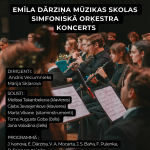Koncerta plakāts ar simfoniskā orķestra dalībniekiem, kas spēlē pūšaminstrumentus un skatās notīs. Uz plakāta ir teksts: ALŪKSNES KULTŪRAS CENTRĀ, 18. FEBRUĀRĪ 14.00, EMĪLA DĀRZIŅA MŪZIKAS SKOLAS SIMFONISKĀ ORĶESTRA KONCERTS. DIRIĢENTI: Andris Vecumnieks, Marija Skļarova. SOLISTI: Melissa Takanbekova (klavieres), Gļebs Jevsejņenkovs (klavieres), Marta Vīkane (sitaminstrumenti), Toms Augusts Goba (čells), Jana Volodina (čells). PROGRAMMĀ: J. Ivanova, E. Dārziņa, V. A. Mocarta, J. S. Baha, F. Pulenka, D. Poppera mūzika. IEEJA BEZ MAKSAS. Apakšā redzami Emīla Dārziņa Mūzikas skolas, Nacionālās Mākslu vidusskolas, Valsts kultūrkapitāla fonda un AKC logotipi.