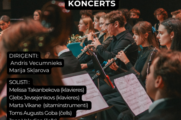 Koncerta plakāts ar simfoniskā orķestra dalībniekiem, kas spēlē pūšaminstrumentus un skatās notīs. Uz plakāta ir teksts: ALŪKSNES KULTŪRAS CENTRĀ, 18. FEBRUĀRĪ 14.00, EMĪLA DĀRZIŅA MŪZIKAS SKOLAS SIMFONISKĀ ORĶESTRA KONCERTS. DIRIĢENTI: Andris Vecumnieks, Marija Skļarova. SOLISTI: Melissa Takanbekova (klavieres), Gļebs Jevsejņenkovs (klavieres), Marta Vīkane (sitaminstrumenti), Toms Augusts Goba (čells), Jana Volodina (čells). PROGRAMMĀ: J. Ivanova, E. Dārziņa, V. A. Mocarta, J. S. Baha, F. Pulenka, D. Poppera mūzika. IEEJA BEZ MAKSAS. Apakšā redzami Emīla Dārziņa Mūzikas skolas, Nacionālās Mākslu vidusskolas, Valsts kultūrkapitāla fonda un AKC logotipi.