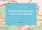 Latvijas administratīvo iedalījumu karte ar zilu informatīvo logu centrā, kurā balts teksts vēsta: "Rosinās Kolberga ciemu nepievienot Alūksnei".