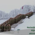 Liels skaits karavīru zaļās formās stāv rindās uz sniegotiem pakāpieniem ziemas ainavā ar kokiem, pieminekli un Latvijas karogiem fonā. Augšējos stūros ir divas militārās emblēmas, bet attēla apakšējā labajā pusē teksts: "Nacionālo bruņoto spēku Kājnieku skolas aktivitātes JANVĀRĪ".