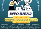 Plakāts ar tekstu "INFO DIENA", kurā trīs stilizētas figūras (divas sievietes, viens vīrietis) mijiedarbojas ar globusu un klēpjdatoru, simbolizējot izglītības un karjeras iespējas. Augšpusē izliekts teksts: "Alūksnes novada skolu 8.-9. klašu skolēniem "Izglītības iespējas pēc 9. klases"". Informācijas diena notiks: KAD? 05.03.2026. KUR? EGAVG metodiskajā centrā, Glika iela 10. CIKOS? 12:00 - 14:30. Piedalās: E.Glika Alūksnes Valsts ģimnāzija, Valmieras tehnikums, Smiltenes tehnikums un Alsviķu teritoriālā struktūrvienība, Vidzemes Tehnoloģiju un dizaina tehnikums, Malnavas koledža, Balvu profesionālā vidusskola, Ogres tehnikums, Valmieras tehnikums. Pedagogs karjeras konsultants Dace Alksne.