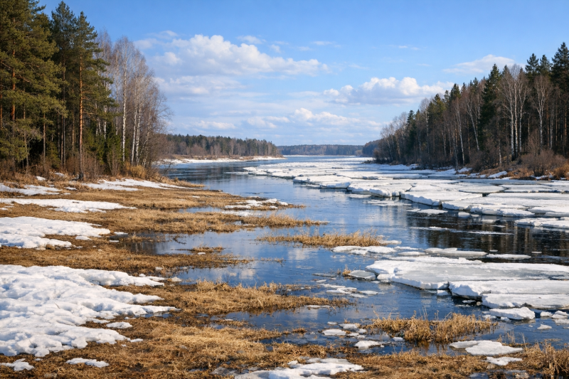Upē peld ledus gabali, tās krastos redzams kūstošs sniegs un sausa, brūna zāle, ko ieskauj priežu un bērzu meži zem zilas debess ar baltiem mākoņiem.