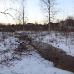 Sniegaina ainava ar šauru atkušņa ūdens straumi, ko šķērso krituši kaili zari. Fonā redzami lapu koki un dažu māju jumti.