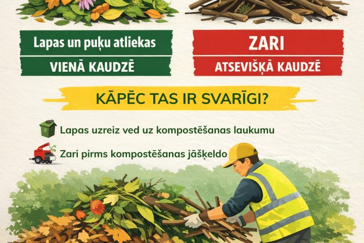 Infografika par pareizu dārza atkritumu šķirošanu. Virsraksts: PALDIES, KA ŠĶIRO DĀRZA ATKRITUMUS PAREIZI! Attēlā parādīts, kā šķirot: kreisajā pusē lapas un puķu atliekas, ar tekstu "Lapas un puķu atliekas VIENĀ KAUDZĒ"; labajā pusē zari, ar tekstu "ZARI ATSEVIŠĶĀ KAUDZĒ". Jautājums: KĀPĒC TAS IR SVARĪGI? Paskaidrots, ka "Lapas uzreiz ved uz kompostēšanas laukumu" un "Zari pirms kompostēšanas jāšķeldo". Zemāk redzams strādnieks dzeltenā vestē, šķirojot zarus no lapām, ar tekstu: "Ja lapas un zari vienā kaudzē, tas apgrūtina nogādāšanu pārstrādei". Noslēgumā: Paldies, ka palīdzat uzturēt sakoptu vidi!