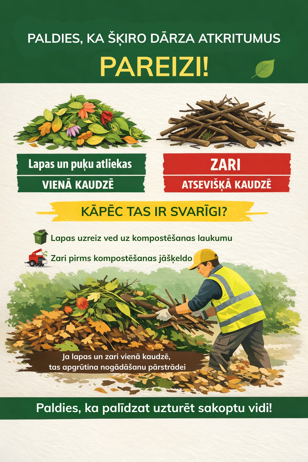 Infografika par pareizu dārza atkritumu šķirošanu. Virsraksts: PALDIES, KA ŠĶIRO DĀRZA ATKRITUMUS PAREIZI! Attēlā parādīts, kā šķirot: kreisajā pusē lapas un puķu atliekas, ar tekstu "Lapas un puķu atliekas VIENĀ KAUDZĒ"; labajā pusē zari, ar tekstu "ZARI ATSEVIŠĶĀ KAUDZĒ". Jautājums: KĀPĒC TAS IR SVARĪGI? Paskaidrots, ka "Lapas uzreiz ved uz kompostēšanas laukumu" un "Zari pirms kompostēšanas jāšķeldo". Zemāk redzams strādnieks dzeltenā vestē, šķirojot zarus no lapām, ar tekstu: "Ja lapas un zari vienā kaudzē, tas apgrūtina nogādāšanu pārstrādei". Noslēgumā: Paldies, ka palīdzat uzturēt sakoptu vidi!