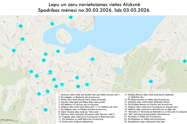 Alūksnes pilsētas karte, kurā atzīmēti 23 punkti, kuros Spodrības mēneša laikā no 30. marta līdz 3. maijam varēs novietot dārza atkritumus.