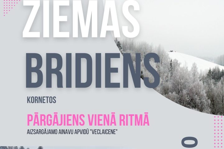 Plakāts ar tekstu "ZIEMAS BRĪDIENS KORNETOS PĀRGĀJIENS VIENĀ RITMĀ AIZSARGIJAMO AINAVU APVIDŪ "VECLAICENE"". Attēlā redzami cilvēki, kas pārgājienā iet pa sniegotu lauku, fonā balti, sniegiem klāti koki. Uz plakāta norādīts: "07.03.2026. 12.00-16.00", "www.visitauksne.lv", "29130280 , 25442335", "Atpūtas vieta "KATIŅKALNS"". Teksts "DALĪBAS MAKSA - 5,00 EUR" un "~8 km ziemas piedzīvojuma baltumā un Latvijas kalnu šarma Ienāc dabā un piedzīvo!". Apakšā piebilde: "Publicitātes nolūkos pasākuma laikā tiks fotografēts un filmēts".