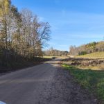 Rudens lauku ainava ar zemes ceļu, kas vijas cauri kokiem un laukiem zem zilas, skaidras debess.