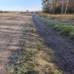 Sarmains, plats zemes ceļš ar sekli grāvi labajā pusē. Ceļa malās un grāvī redzama apsarmojusi zāle un lapas. Fonā ir koku rinda un skaidras debesis.