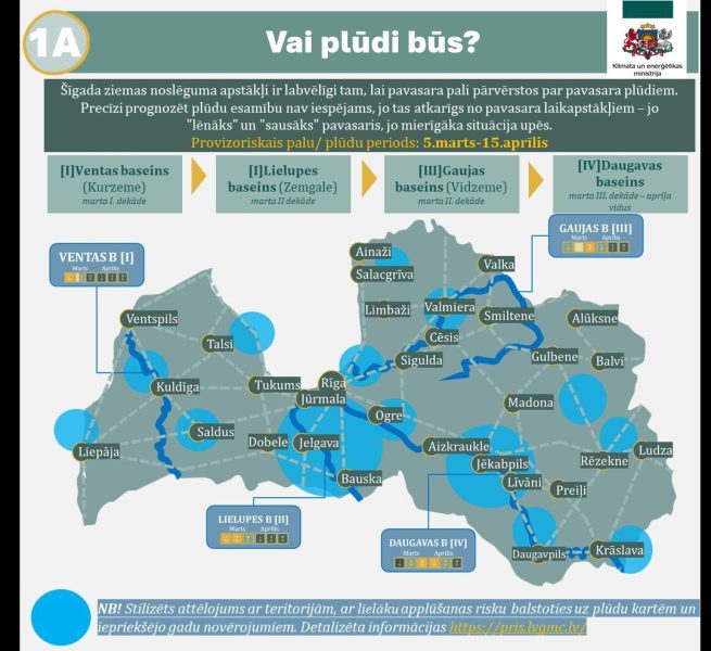 Latvijas karte ar pilsētu nosaukumiem. Padomi, kā rīkoties plūdu gadījumā.