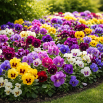 Liela, izliekta puķu dobe ar blīvi augošām atraitnītēm dzeltenos, dažādu toņu violetos, baltos, rozā, tumši sarkanos un zilos toņos. Aizmugurē zaļi krūmi, priekšplānā zāliens.