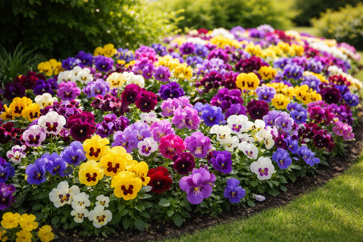 Liela, izliekta puķu dobe ar blīvi augošām atraitnītēm dzeltenos, dažādu toņu violetos, baltos, rozā, tumši sarkanos un zilos toņos. Aizmugurē zaļi krūmi, priekšplānā zāliens.