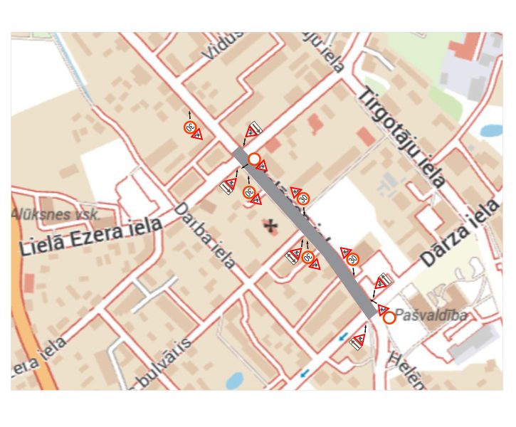 Karte attēlo ceļu satiksmes ierobežojumus pilsētā.