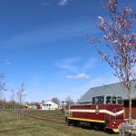 Sarkana un balta dīzeļlokomotīve ar numuru "251 330" stāv uz dzelzceļa sliedēm blakus koka ēkai. Priekšplānā labajā pusē zied koks ar rozā ziediem. Fons ir gaiši zilas debesis ar dažiem mākoņiem.