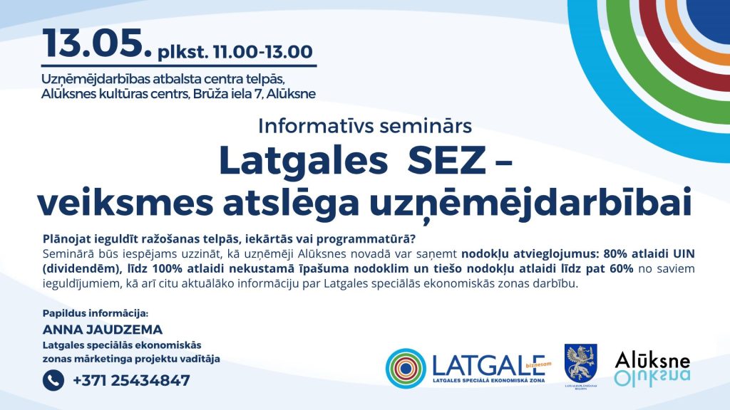 Informatīvs plakāts par semināru "Latgales SEZ – veiksmes atslēga uzņēmējdarbībai", kas notiks 13.05. plkst. 11.00-13.00 Uzņēmējdarbības atbalsta centra telpās, Alūksnes kultūras centrs, Brūža iela 7, Alūksne. Seminārā uzņēmēji uzzinās par nodokļu atvieglojumiem Alūksnes novadā: 80% atlaidi UIN (dividemdēm), līdz 100% atlaidi nekustamā īpašuma nodoklim un tiešo nodokļu atlaidi līdz pat 60% no saviem ieguldījumiem. Papildus informācija: ANNA JAUDZEMA, Latgales speciālās ekonomiskās zonas mārketinga projektu vadītāja, +371 25434847. Plakātā redzami Latgales SEZ un Alūksnes logotipi.