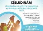 Reklāmas plakāts ar fotoattēlu, kurā redzama cilvēku grupa ar saulē paceltām rokām, simbolizējot sadarbību. Teksts: IZSLUDINĀM LĪDZDALĪBAS BUDŽETA PROJEKTU KONKURSU ALŪKSNES NOVADĀ 2026. Iesniedz savu projekta ideju no 7. aprīļa līdz 7. maijam. Pieteikumu iesniegšana www.geolatvija.lv. Informācija www.aluksne.lv. LAI TAVA IDEJA PALĪDZ AUGT ALŪKSNES NOVADAM!