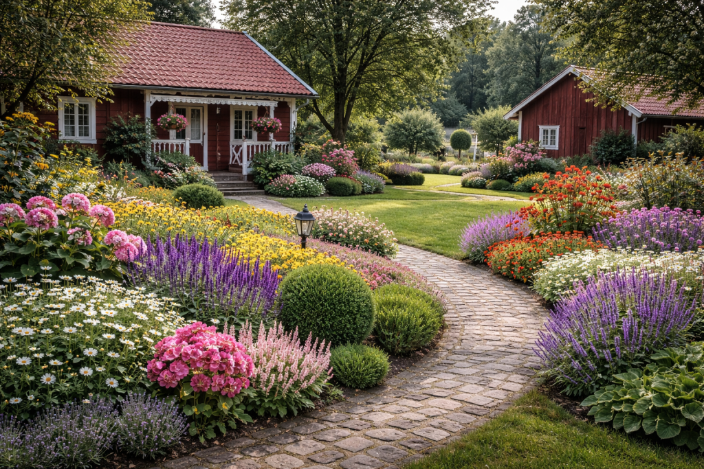 Pittoresks dārzs ar sarkanu māju kreisajā pusē un sarkanu šķūni labajā pusē. Bruģēts celiņš vijas cauri bagātīgām krāsainu ziedu dobēm, tostarp rozā hortenzijām, violetām salvijām, baltām margrietiņām un citiem dzelteniem un oranžiem ziediem.