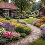 Pittoresks dārzs ar sarkanu māju kreisajā pusē un sarkanu šķūni labajā pusē. Bruģēts celiņš vijas cauri bagātīgām krāsainu ziedu dobēm, tostarp rozā hortenzijām, violetām salvijām, baltām margrietiņām un citiem dzelteniem un oranžiem ziediem.