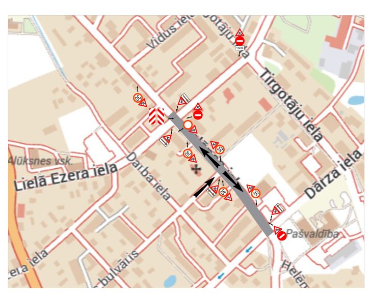 Karte ar Alūksnes ielu tīklu, kurā attēlota ceļa slēgšana un apbraukšanas maršruts. Pelēki iezīmētais ceļa posms, kas šķērso Tirgotāju ielu un Darba ielu, ir slēgts, ko norāda zīmes "Iebraukt aizliegts" un "Ceļš slēgts", kā arī melns krusts. Satiksmes apbraukšana norādīta ar zilām bultiņām un ietver ātruma ierobežojuma zīmes "30" un brīdinājuma zīmes "Ceļa darbi", "Dodiet ceļu", "Ceļa sašaurinājums". Kartē redzami nosaukumi "Lielā Ezera iela", "Vidus iela", "Dārza iela", "Alūksnes vsk.", "Pašvaldība", "150m".