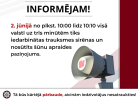 Informatīvs plakāts ar trauksmes sirēnu, paziņojot: INFORMĒJAM! 2. jūnijā no plkst. 10:00 līdz 10:10 visā valstī uz trīs minūtēm tiks iedarbinātas trauksmes sirēnas un nosūtīts šūnu apraides paziņojums. Tā būs kārtējā pārbaude, aicinām iedzīvotājus nesatraukties!