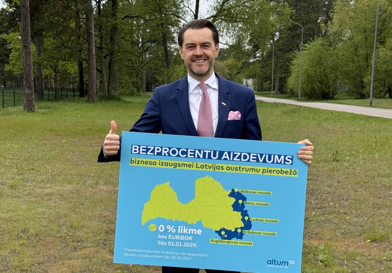 Smaidošs vīrietis uzvalkā un kaklasaitē tur zilu plakātu ar tekstu "BEZPROCENTU AIZDEVUMS biznesa izaugsmei Latvijas austrumu pierobežā". Plakātā ir Latvijas karte ar iezīmētiem novadiem (Alūksnes, Balvu, Ludzas, Krāslavas, Augšdaugavas) un papildu informāciju: "0 % likme bez EURIBOR līdz 01.01.2029. Piesakoties jaunām investīciju vai apgrozāmo līdzekļu aizdevumam līdz 30.06.2027.". Vīrietis ar otru roku rāda īkšķi uz augšu, fonā redzami koki un zāle.