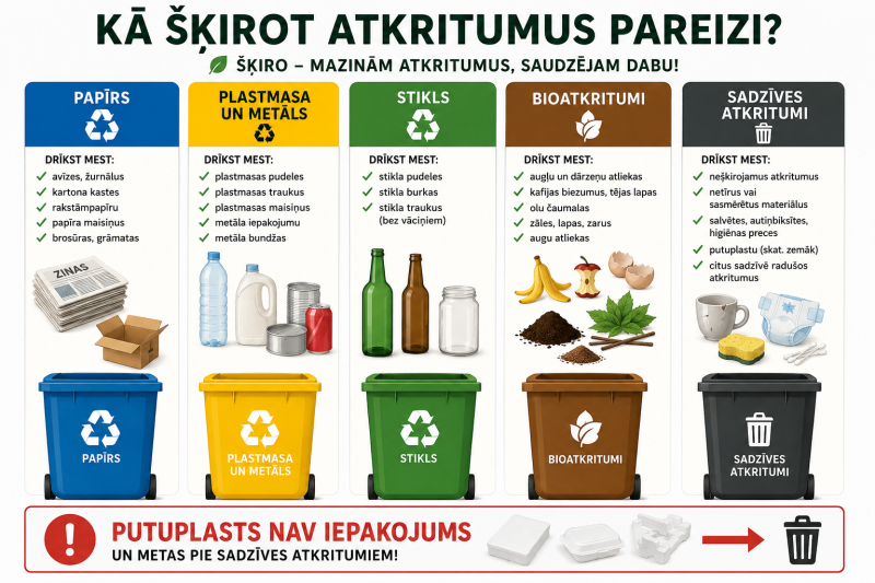KĀ ŠĶIROT ATKRITUMUS PAREIZI? ŠĶIRO – MAZINĀM ATKRITUMUS, SAUDZĒJAM DABU! Infografika ar piecām atkritumu šķirošanas kategorijām. Zilā sadaļa PAPĪRS ar otrreizējās pārstrādes simbolu un zilu tvertni. DRĪKST MEST: avīzes, žurnālus, kartona kastes, rakstāmpapīru, papīra maisiņus, brošūras, grāmatas. Attēlā avīzes un kartona kaste. Dzeltenā sadaļa PLASTMASA UN METĀLS ar otrreizējās pārstrādes simbolu un dzeltenu tvertni. DRĪKST MEST: plastmasas pudeles, plastmasas traukus, plastmasas maisiņus, metāla iepakojumu, metāla bundžas. Attēlā plastmasas pudeles un metāla bundžas. Zaļā sadaļa STIKLS ar otrreizējās pārstrādes simbolu un zaļu tvertni. DRĪKST MEST: stikla pudeles, stikla burkas, stikla traukus (bez vāciņiem). Attēlā stikla pudeles un stikla burka. Brūnā sadaļa BIOATKRITUMI ar lapas simbolu un brūnu tvertni. DRĪKST MEST: augļu un dārzeņu atliekas, kafijas biezumus, tējas lapas, olu čaumalas, zāles, lapas, zarus, augu atliekas. Attēlā banānu mizas, ābolu serdes, olu čaumalas, lapas un augsne. Melnā sadaļa SADZĪVES ATKRITUMI ar atkritumu tvertnes simbolu un melnu tvertni. DRĪKST MEST: nešķirojamus atkritumus, netīrus vai sasmērētus materiālus, salvetes, autiņbiksītes, higiēnas preces, putuplastu (skat. zemāk), citus sadzīvē radušos atkritumus. Attēlā netīra krūze, sūklis, vates kociņi un autiņbiksītes. Apakšā sarkans paziņojums: PUTUPLASTS NAV IEPAKOJUMS UN METAS PIE SADZĪVES ATKRITUMIEM! Attēlā putuplasta gabali, kas norāda uz atkritumu tvertni.