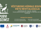Uz tumši zaļa fona plakāts ar baltu priežu, dzērves un purva augu siluetu. Lielais virsraksts: VĒSTURISKO KŪDRAS IEGUVES VIETU REVITALIZĀCIJA. Blakus siluetam teksts: PURVI ATDZIMST. Zem virsraksta sīkāks skaidrojums: revitalizācijas veidi - ieguvumi - izmaksas - finanšu atbalsta programmas nosacījumi revitalizācijas aktivitāšu realizēšanai. Tālāk teksts: INFORMATĪVIE SEMINĀRI: 27.05.2026 Vidzemē (Cēsīs), 02.06.2026 Latgalē (Rēzeknē), 04.06.2026 Kurzemē (Saldū), 17.06.2026 Zemgalē (Pilsrundālē).