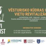 Uz tumši zaļa fona plakāts ar baltu priežu, dzērves un purva augu siluetu. Lielais virsraksts: VĒSTURISKO KŪDRAS IEGUVES VIETU REVITALIZĀCIJA. Blakus siluetam teksts: PURVI ATDZIMST. Zem virsraksta sīkāks skaidrojums: revitalizācijas veidi - ieguvumi - izmaksas - finanšu atbalsta programmas nosacījumi revitalizācijas aktivitāšu realizēšanai. Tālāk teksts: INFORMATĪVIE SEMINĀRI: 27.05.2026 Vidzemē (Cēsīs), 02.06.2026 Latgalē (Rēzeknē), 04.06.2026 Kurzemē (Saldū), 17.06.2026 Zemgalē (Pilsrundālē).