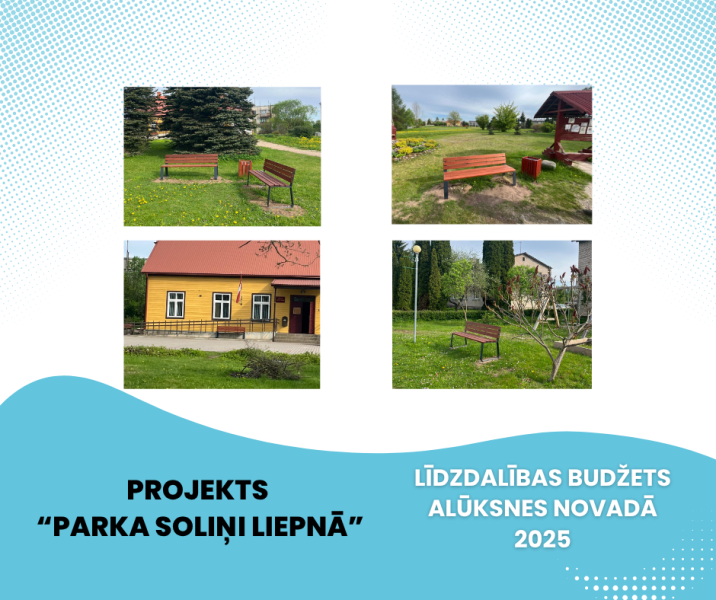 Kolāža ar četrām fotogrāfijām, kurās redzami brūni un oranži soliņi dažādās āra vidēs, piemēram, parkos un pie ēkām. Teksts attēlā vēsta: PROJEKTS "PARKA SOLIŅI LIEPNĀ" LĪDZDALĪBAS BUDŽETS ALŪKSNES NOVADĀ 2025.