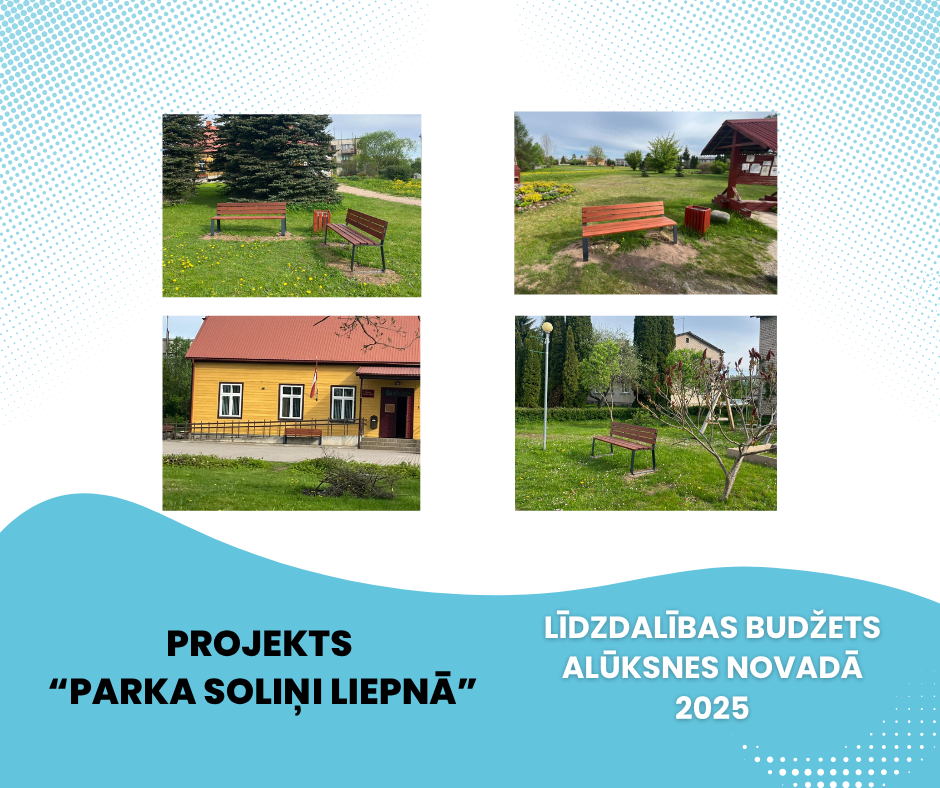 Kolāža ar četrām fotogrāfijām, kurās redzami brūni un oranži soliņi dažādās āra vidēs, piemēram, parkos un pie ēkām. Teksts attēlā vēsta: PROJEKTS "PARKA SOLIŅI LIEPNĀ" LĪDZDALĪBAS BUDŽETS ALŪKSNES NOVADĀ 2025.