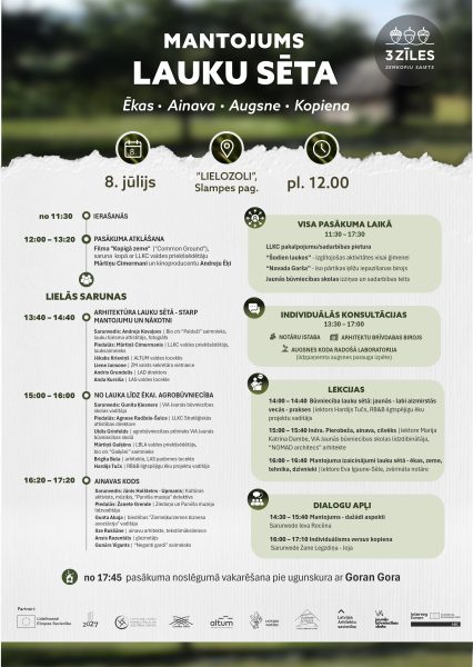 Programma pasākumam "Mantojums lauku sētā", kas notiks 8. jūlijā Lielozolos, Slampes pagastā, no plkst. 12.00. Tēmas: "Ēkas", "Ainava", "Augsne", "Kopiena". Programmā iekļautas lielās sarunas par arhitektūru, agrobūvniecību, ainavas kodu, kā arī individuālās konsultācijas, lekcijas un dialogu apļi. Vakars noslēgsies ar vakarēšanu pie ugunskura ar Goran Gora. Organizē 3 Zīles Zemkopju Saiets.