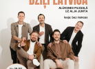 Pieci smaidīgi vīrieši, grupas "Dzīļi Violets" dalībnieki, pozē pret baltu fonu. Divi sēž priekšplānā, trīs stāv aizmugurē. Plakāts ar tekstu: "27. JŪNIJĀ 20.00 GRUPAS DZĪĻI VIOLETS KONCERTS DZĪĻI LATVIJĀ ALŪKSNES PILSSALĀ UZ ALJA JUMTA ieeja: bez maksas. No 18.00 piepūšamās atrakcijas bērniem (bez maksas). No 18.00-24.00 DJ ČAKURS, kafejnīca SALA.