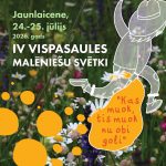 Plakāts IV Vispasaules Malēniešu svētkiem Jaunlaicenē, 2026. gada 24.–25. jūlijā. Fonā ziedoša pļava ar margrietiņām un purpura ziediem. Labajā pusē balta, konturēta cilvēka figūra tur dzeltenu runas burbuli ar uzrakstu: "Kas muok, tis muok nu obi goli". Kreisajā apakšdaļā vairāki dzelteni dekoratīvi apļi.
