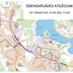 Karte, kas ilustrē ūdensapgādes atslēgumu 29. jūnijā no 10.00 līdz 15.00. Zilā līnija iezīmē skartās ielas, tostarp Pils ielu, Bērzu ielu un apkārtējās teritorijas pie Iekšezera ezera.