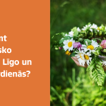 Kreisajā pusē oranžā fonā redzams Nacionālā veselības dienesta logo un teksts: "Kā saņemt medicīnisko palīdzību Līgo un Jāņu brīvdienās?". Labajā pusē uz zaļa fona rokas tur ziedu vainagu ar margrietiņām, āboliņu un papardēm.