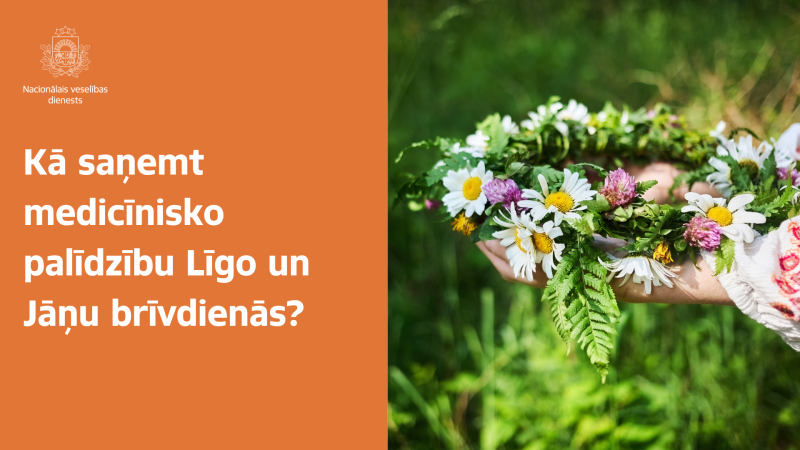 Kreisajā pusē oranžā fonā redzams Nacionālā veselības dienesta logo un teksts: "Kā saņemt medicīnisko palīdzību Līgo un Jāņu brīvdienās?". Labajā pusē uz zaļa fona rokas tur ziedu vainagu ar margrietiņām, āboliņu un papardēm.
