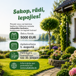 Sakop, rādi, lepojies!" reklāma par Alūksnes novada sakoptāko īpašumu konkursu. Attēlā redzama skaista balta māja ar apzaļumotu fasādi un puķu podiem pie logiem, kā arī labiekārtots ziedošs dārzs ar bruģētu celiņu pie ezera. Teksts vēsta: "Piesaki savu vai kaimiņa īpašumu Alūksnes novada sakoptāko īpašumu konkursam un iegūsti balvas! Balvu fonds 5000 EUR. Apbalvošana 1. augustā. Pieteikumu iesniegšana līdz 30. jūnijam. Informācija par pieteikšanos www.aluksne.lv.