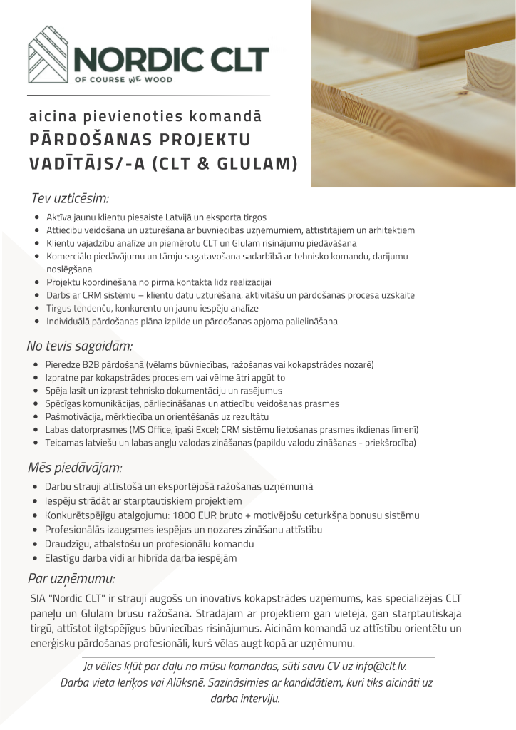 Pārdošanas projektu vadītāja darba sludinājums