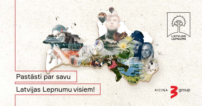 Kolāža Latvijas kartes formā ar attēliem, kas simbolizē Latvijas lepnumu – cilvēkiem, dabas ainavām, pilsētām un kultūras objektiem. Augšējā labajā stūrī ir logotips "LATVIJAS LEPNUMS" ar stilizēta koka attēlu. Attēla apakšējā kreisajā daļā ir teksts "Pastāsti par savu Latvijas Lepnumu visiem!".