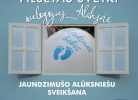 Zils plakāts ar baltu tekstu "ALŪKSNES PILĒTAS SVĒTKI" un "JAUNDZIMUŠO ALŪKSNIEŠU SVEIKŠANA". Plakāta vidū attēlots logs, caur kuru redzams balts balons ar uzrakstu "Alūksnes bēbis" un ziliem mazuļa pēdu nospiedumiem. Teksts norāda norises vietu un laiku: "Administratīvās ēkas laukumā 01.08.2026. |10.00".