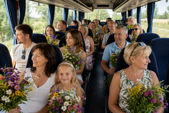 Autobusā sēž dažādu paaudžu cilvēku grupa, kuri smaida un tur rokās krāsainus pļavas ziedu pušķus. Aiz loga redzama zaļa ainava.