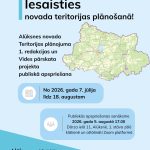 Informatīvs plakāts par Alūksnes novada teritorijas plānošanu ar virsrakstu "Iesaisties novada teritorijas plānošanā!". Aprakstīta Alūksnes novada Teritorijas plānojuma 1. redakcijas un Vides pārskata projekta publiskā apspriešana, kas notiek "No 2026. gada 7. jūlija līdz 18. augustam". Publiskās apspriešanas sanāksme: "2026. gada 5. augustā 17.00 Dārza ielā 11, Alūksnē, 1. stāva zālē klātienē un attālināti Zoom platformā". Fonā redzama stilizēta Alūksnes novada karte. Informācija: www.aluksne.lv.