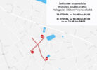 Satiksmes organizācija Alūksnes pilsētas svētku "Ielogojies Alūksnē" norises laikā. Kartē attēlota Alūksnes centra daļa ar Alūksnes ezeru, kur vairākas ielas, tostarp Dārza iela, Helēnas iela un Latgales iela, ir slēgtas satiksmei. Slēgtās vietas atzīmētas ar sarkanām līnijām un "Aizliegts iebraukt" ceļa zīmēm. Slēgšanas spēkā 30.07.2026. no 18.00 līdz 24.00 un 31.07.2026. no 00.00 līdz 02.00 un no 18.00 līdz 24.00.