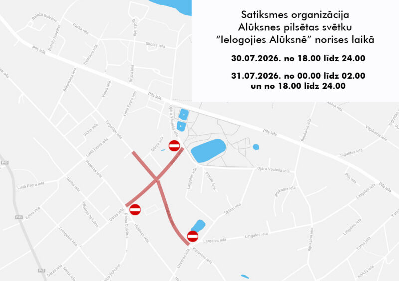 Alūksnes kartē attēlota satiksmes organizācija Alūksnes pilsētas svētku "Ielogojies Alūksnē" norises laikā, 30.07.2026. no 18.00 līdz 24.00 un 31.07.2026. no 00.00 līdz 02.00 un no 18.00 līdz 24.00. Kartē sarkanām līnijām un apļa ar šķērssvītru (iebraukšanas aizlieguma) zīmēm norādīti slēgtie ceļu posmi Alūksnes centra un ezera tuvumā. Iebraukšanas aizlieguma zīmes atrodas Dārza ielā pirms krustojuma ar Helēnas un Latgales ielām (no ziemeļiem), Helēnas ielā pirms krustojuma ar Dārza ielu un Raiņa bulvāri (no rietumiem), kā arī Latgales ielā pirms Uzvaras ielas (no dienvidiem).