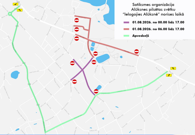 Satiksmes organizācija Alūksnes pilsētas svētku "Ielogojies Alūksnē" norises laikā. Kartē attēlota Alūksnes centra daļa ar Alūksnes ezeru, kur vairākas ielas, tostarp Dārza iela, Helēnas iela un Latgales iela, ir slēgtas satiksmei. Slēgtās vietas atzīmētas ar sarkanām līnijām un "Aizliegts iebraukt" ceļa zīmēm. Slēgšanas spēkā 30.07.2026. no 18.00 līdz 24.00 un 31.07.2026. no 00.00 līdz 02.00 un no 18.00 līdz 24.00.