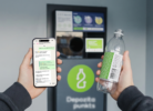 Personas rokas tuvplānā tur viedtālruni un tukšu plastmasas pudeli ar zaļu etiķeti. Viedtālruņa ekrānā redzams ziņojumapmaiņas logs ar virsrakstu "Depozīta punkta asistents". Sarunā jautāts "Sveiki! Kur var nodot iepakojumu?" un atbilde ir "Es esmu Depozīta punkts virtuālais asistents." ar iespējām, piemēram, "Tuvākais taromāts". Fonā atrodas depozīta automāts ar zaļu pudeles simbola logotipu un uzrakstu "Depozīta punkts".